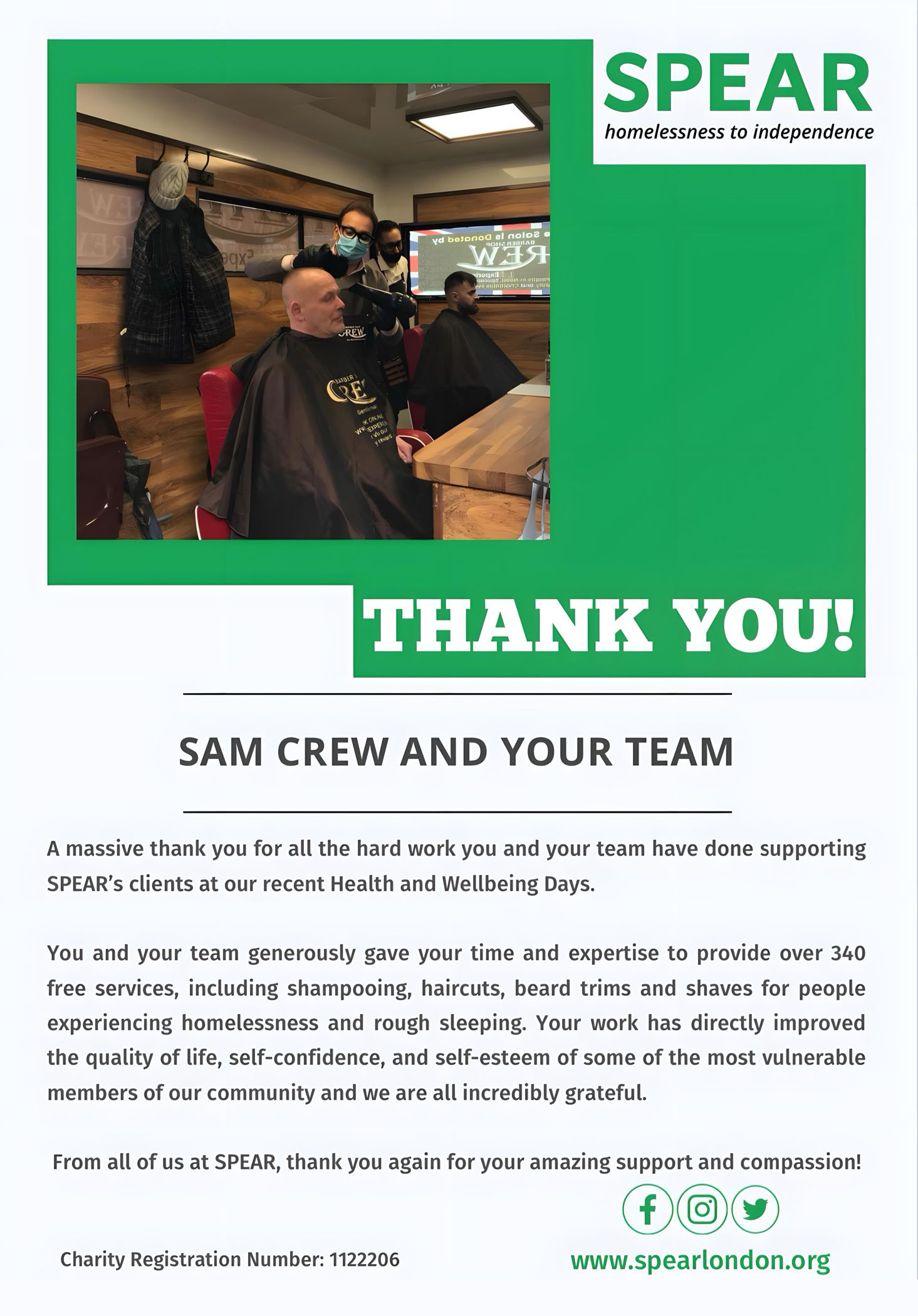 SPEAR London visit message from charity