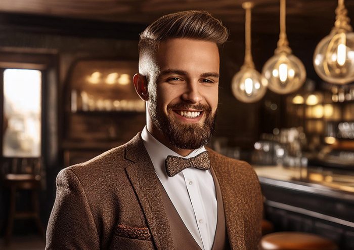 smart young investor tweed suit posh bar